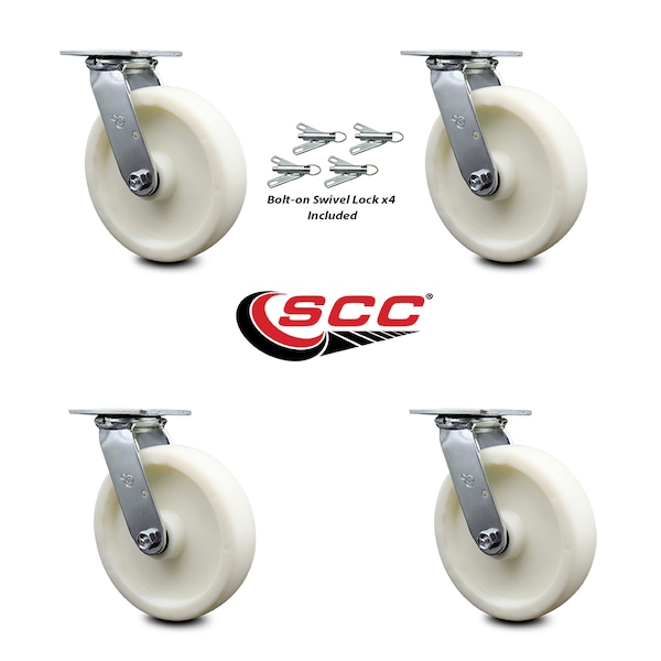 8 Inch Nylon Swivel Caster Set With Ball Bearing And Swivel Lock